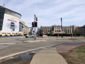 Visitors to the Enterprise Center are faced with an ugly intersection with a slip lane and no crosswalk