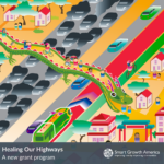 A square graphic is all gray on the left half, showing a lot of cars on the road and pollution from their exhaust. The other half to the right is colorful and shows a dragon-themed train driving down the road with people out on the street riding in a bike lane, walking, and living in harmony. On the bottom, an dark grey rectangular box stretches across and in white text says Healing our Highways, a new grant program on the left, with Smart Growth America's logo on the right.