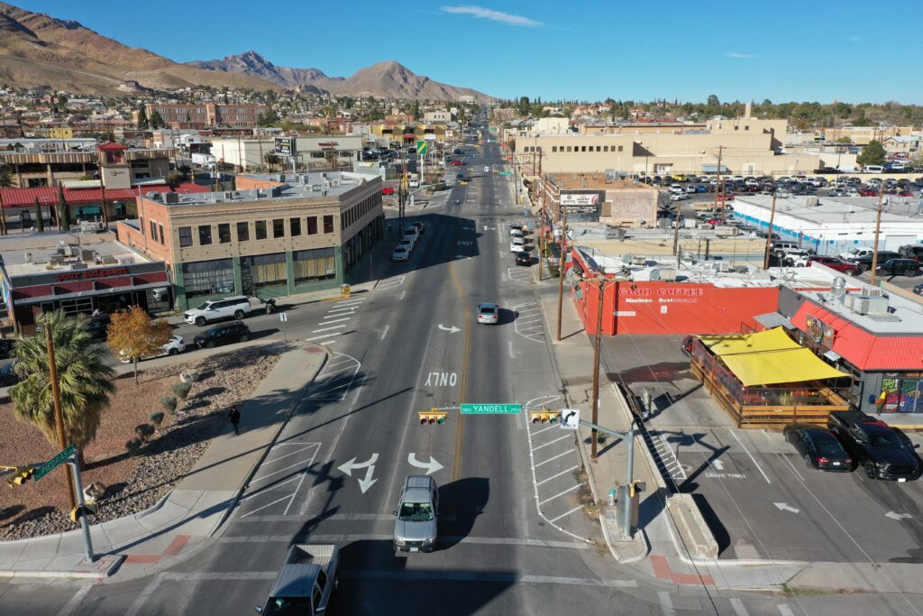 An aerial photo gives a visual overview of a two-lane road that was selected to be a quick-build site in El Paso.