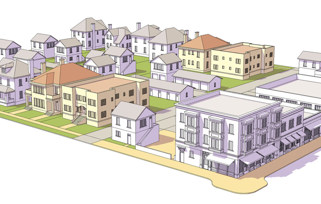 A animation of a neighborhood demonstrating missing middle housing which includes a diversity of housing types all in the same neighborhood.