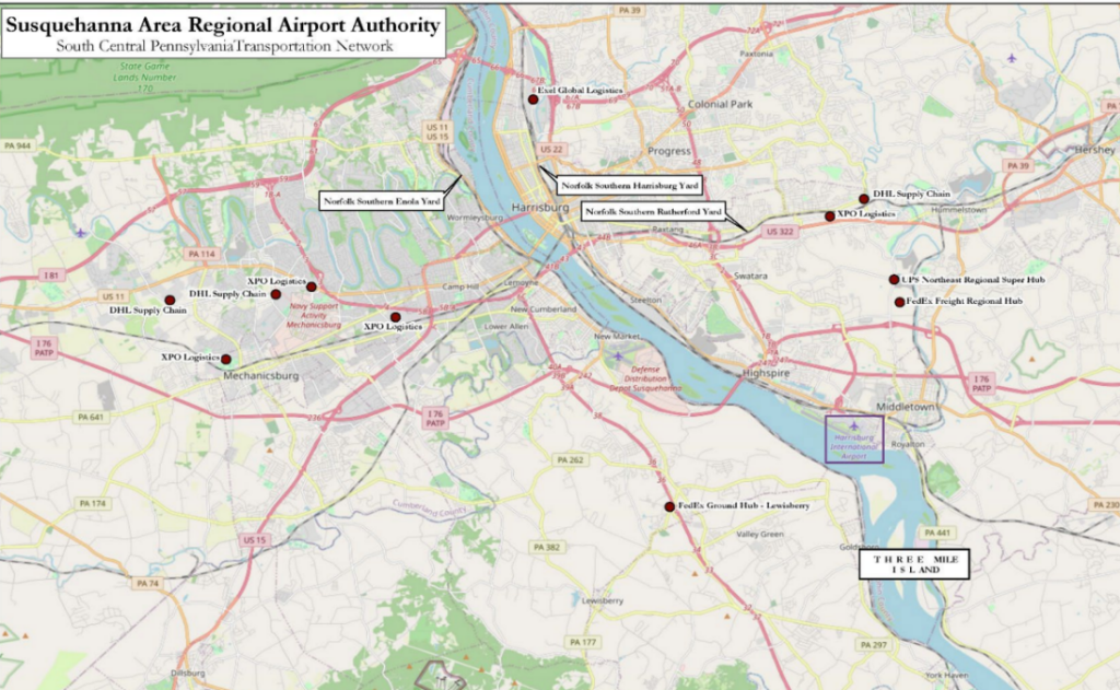 Map of Harrisburg region and the logistics industry presence.