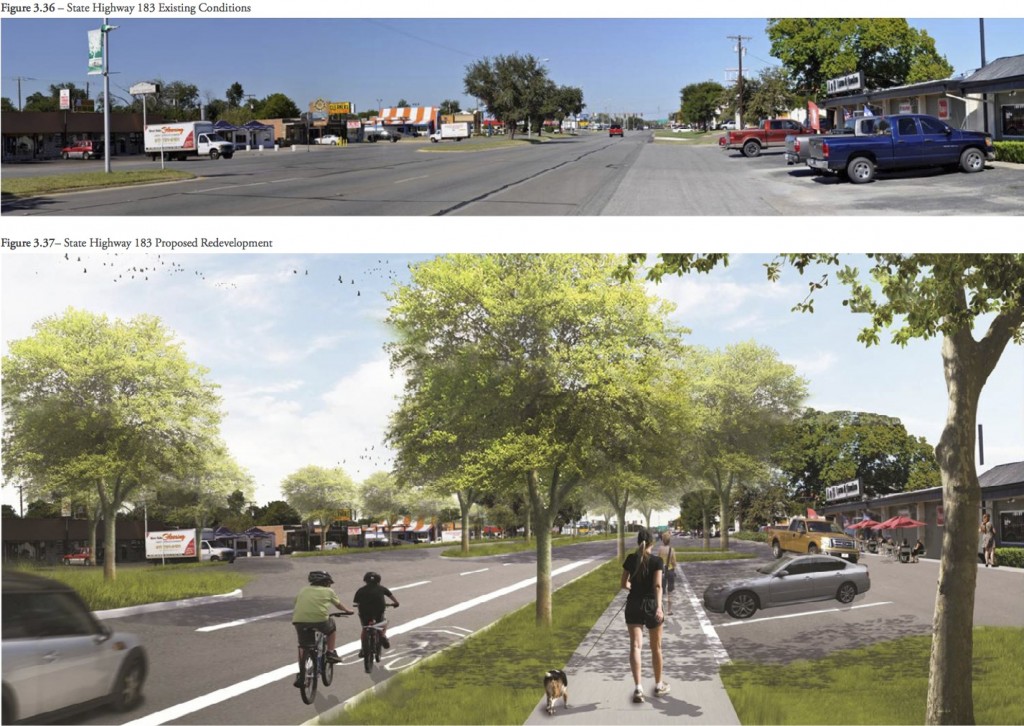 Proposed redesign of State Highway 183, transforming it from a dangerous street for pedestrians and bicyclists to one that is attractive for all users