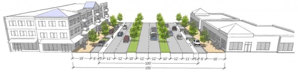 Vision of a future cross section for State Highway 199 with transit running along it