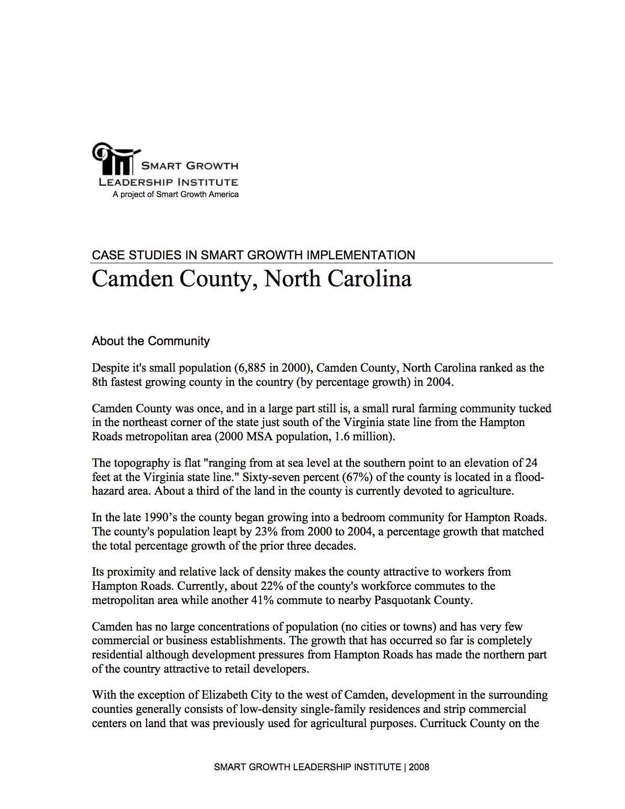 Case Studies in Smart Growth Implementation: Camden County, North Carolina