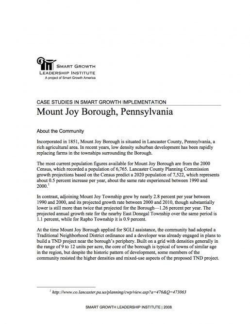 Case Studies in Smart Growth Implementation: Mount Joy Borough, Pennsylvania