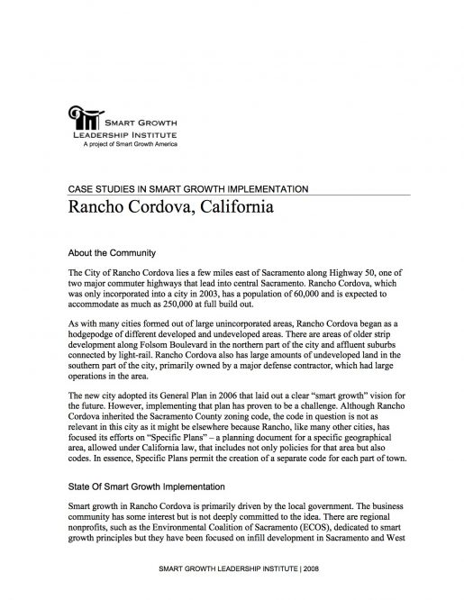 Case Studies in Smart Growth Implementation: Rancho Cordova, California