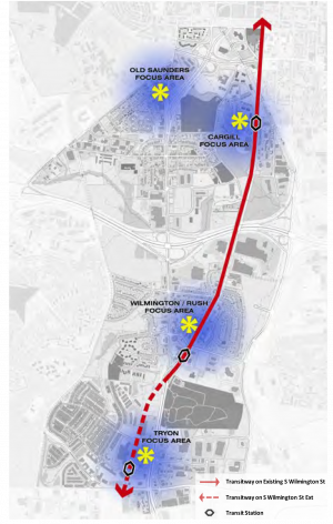 The proposed transit plan would extend and repurpose Southern Gateway’s South Wilmington Street to serve as a major BRT corridor that connects downtown Raleigh to the Town of Garner.