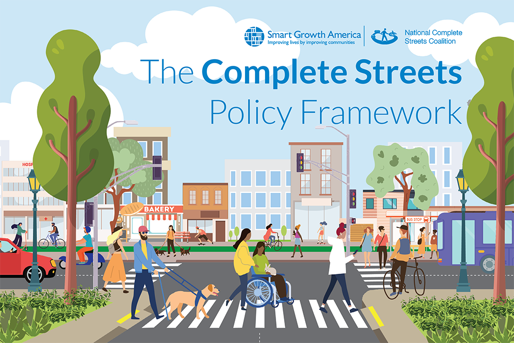 Highly stylized illustrated graphic showing a range of people walking and biking and wheeling on a lovely complete street in a random community