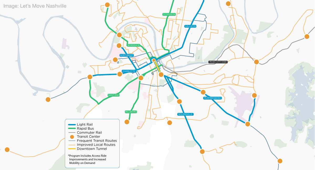 a map of the proposed BRT routes, light rail lines, high-frequency bus corridors, and community transit centers on the Nashville ballot this May.