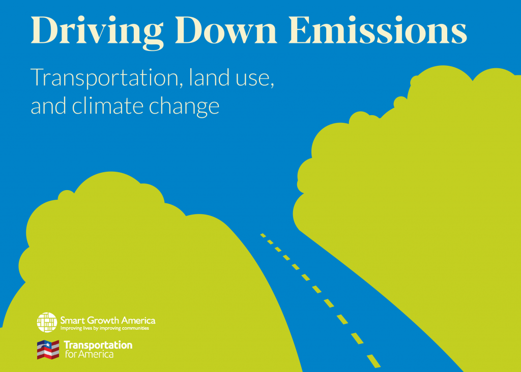 Cover graphic of Driving Down Emissions report, a road blazing through figurative clouds of emissions from top left to bottom right