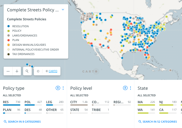 graphic showing the interactive map of complete streets policies