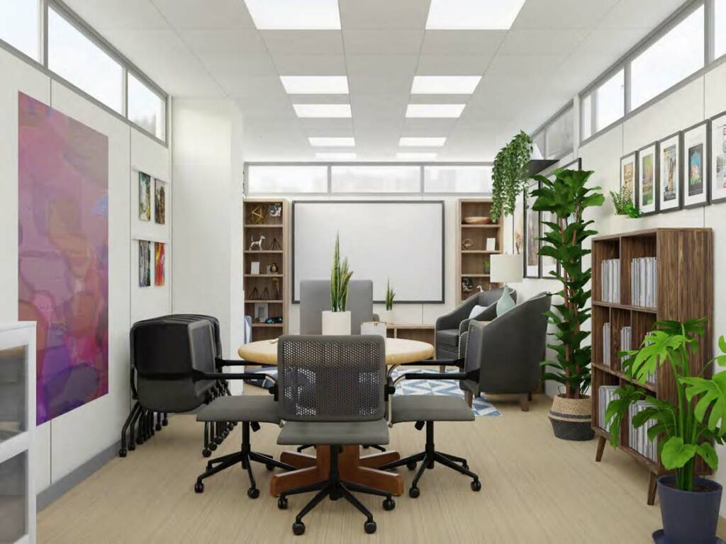 Image of a rending of a newly designed conference room with several plants, armchairs, and purple map of indigenous land on the left wall.