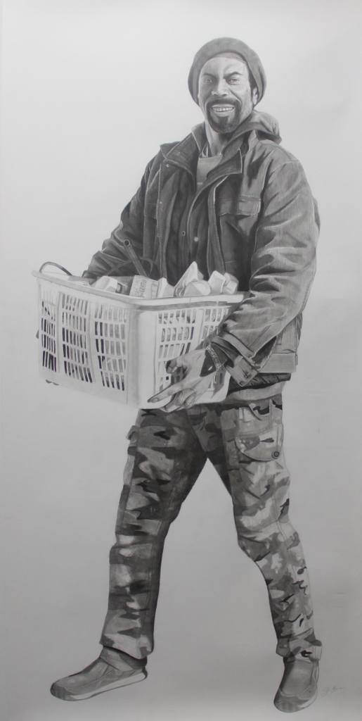 Portrait of a person standing and carrying laundry basket with two hands. Artwork by Franco Bejarano.