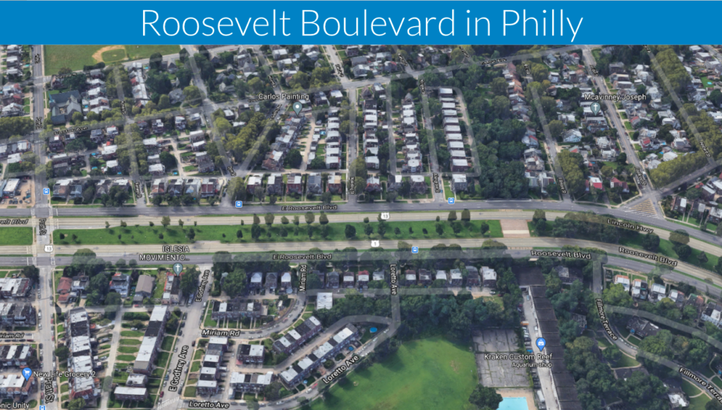 oblique satellite photo of Roosevelt Boulevard in Philly showing dangerous road through neighborhoods