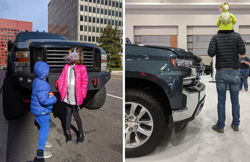 Side by side photos showing the size of children compared to the front end of large trucks.