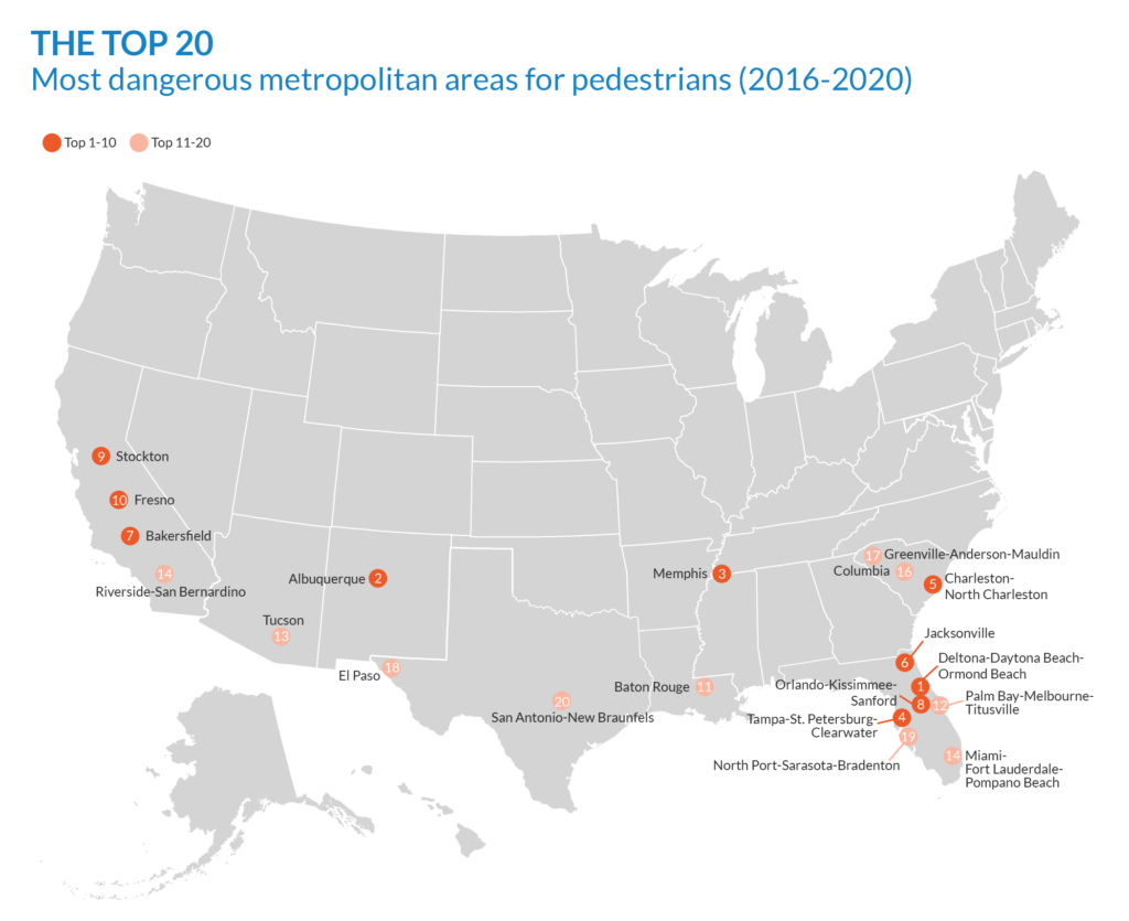 map graphic showing where the top 20 most deadly metro areas are