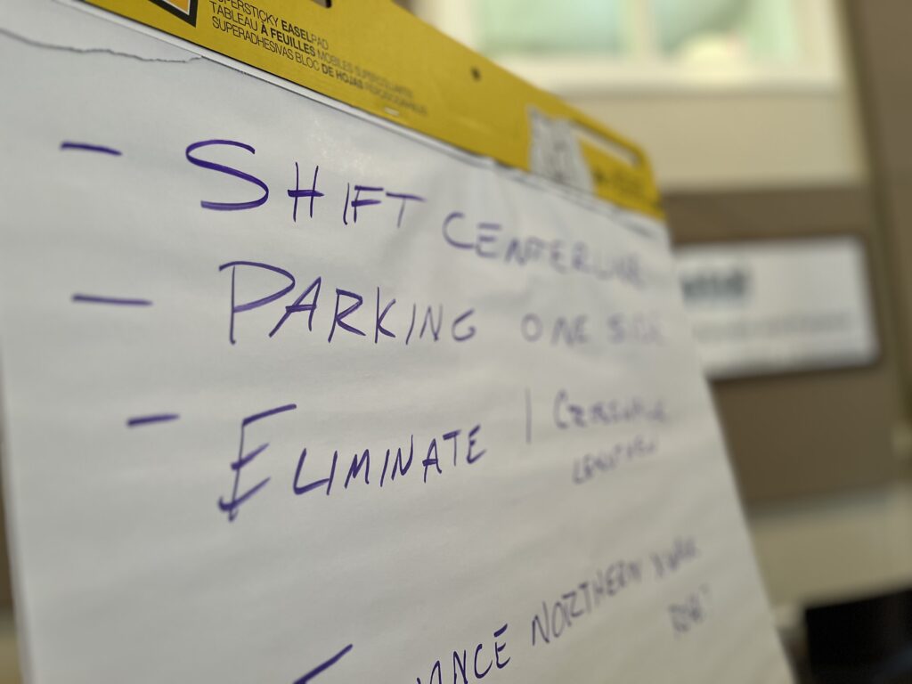 A large notepad displays an ideas list involving parking and complete streets, written in purple.