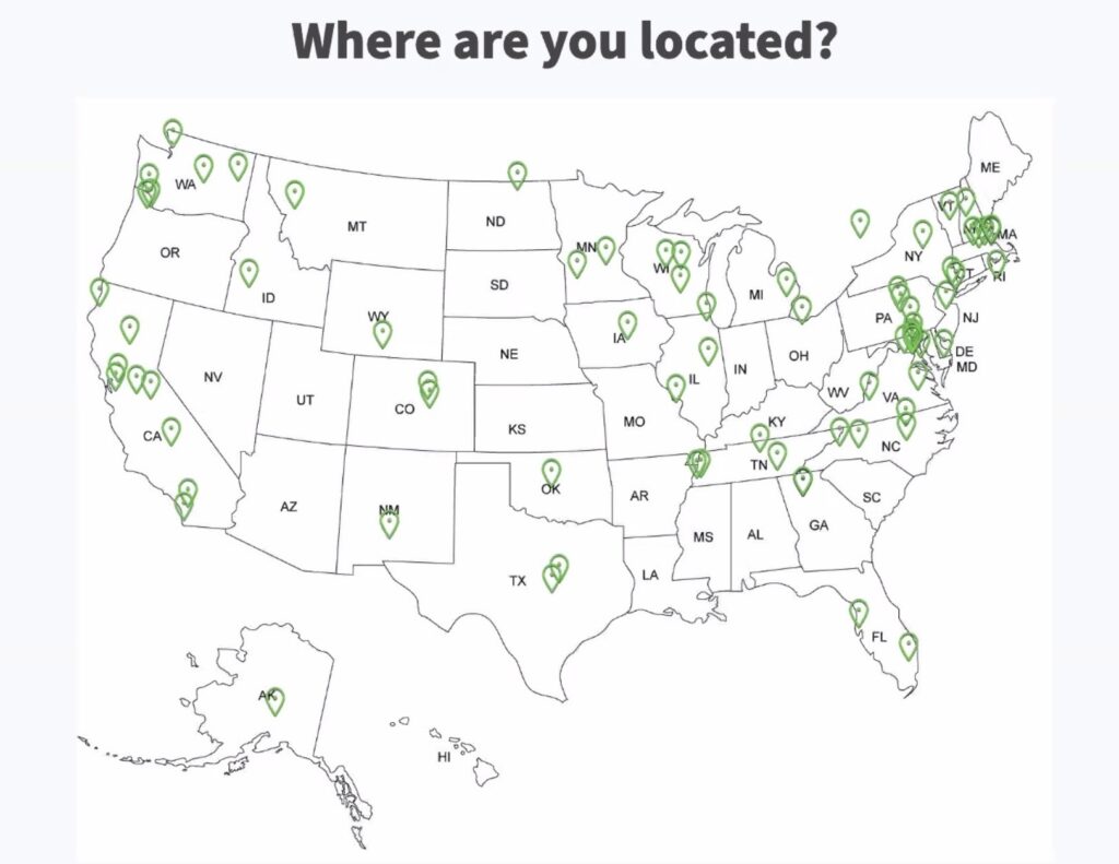 A map of the United States is shown under the title "Where are you located?" with green pins all over the map.