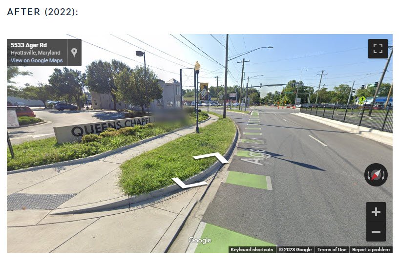 Screenshot from google maps of Ager Road, with a slip lane curving through a green painted bike lane.