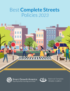 graphic of the report cover showing a stylized scene of people using a street in an anonymous town or city