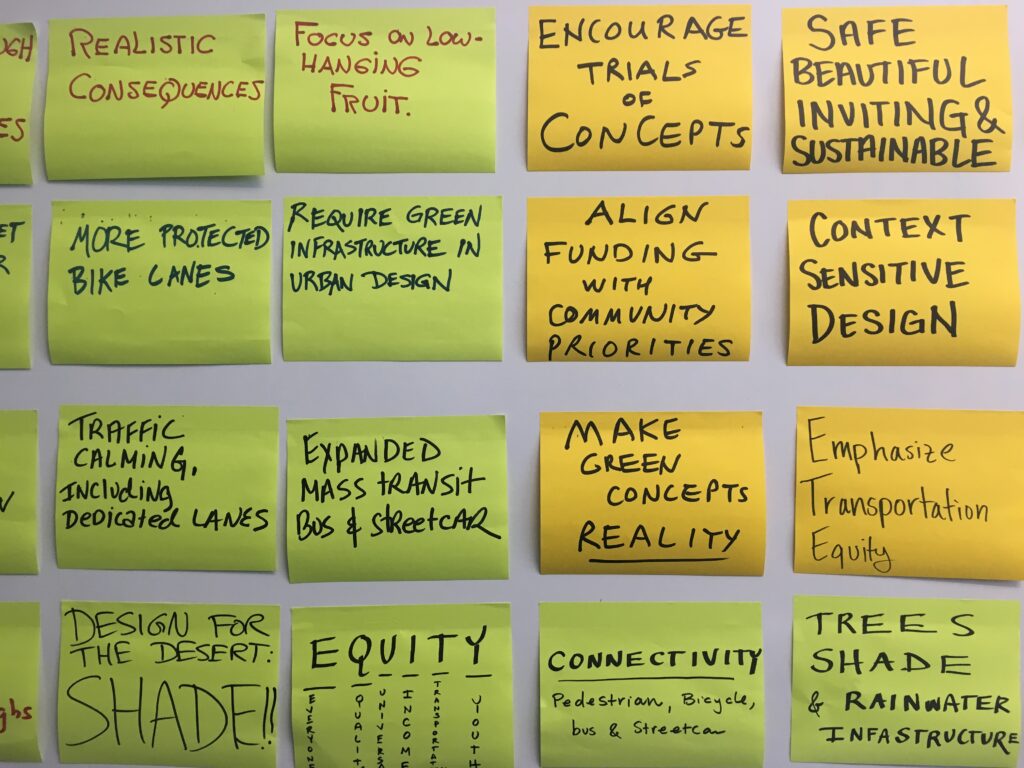Post it notes on wall containing themes that came out of a Stakeholder Workshop
