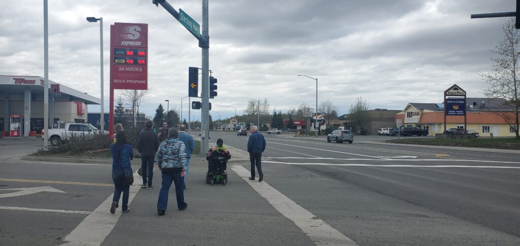 Members of the Alaska cohort on a walk audit of the Birch Street and Sterling Highway intersection.