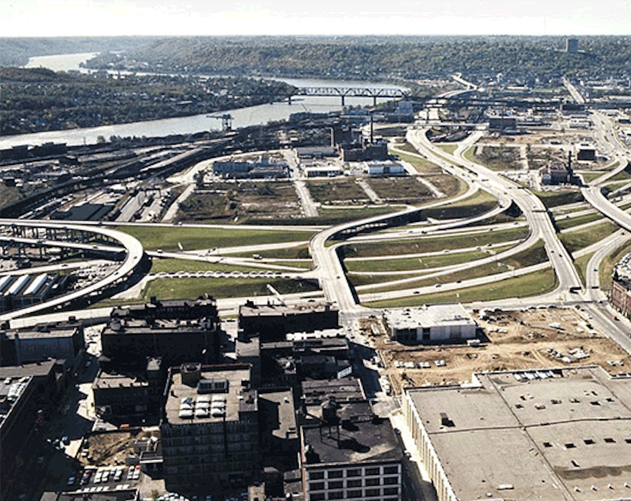 aerial photo of cincinnati showing how interstates obliterated buildings and streets in 1966