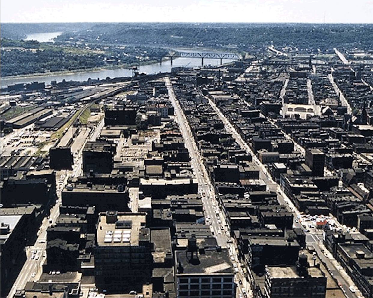 aerial photo of cincinnati showing intact downtown streets in 1958