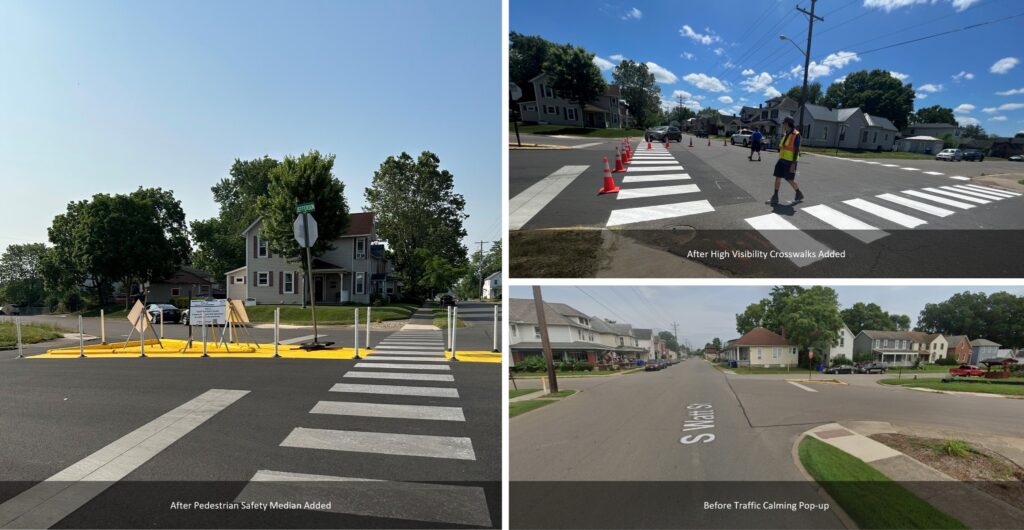 A photo collage of a Chillicothe Street showing the before and after of traffic calming measures, including crosswalks and islands.