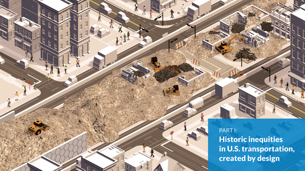 graphic showing a stylized scene of construction of a highway through a city neighborhood