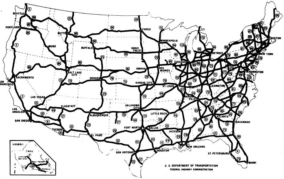 a historic map of the US showing interstate routes crossing the US in black lines