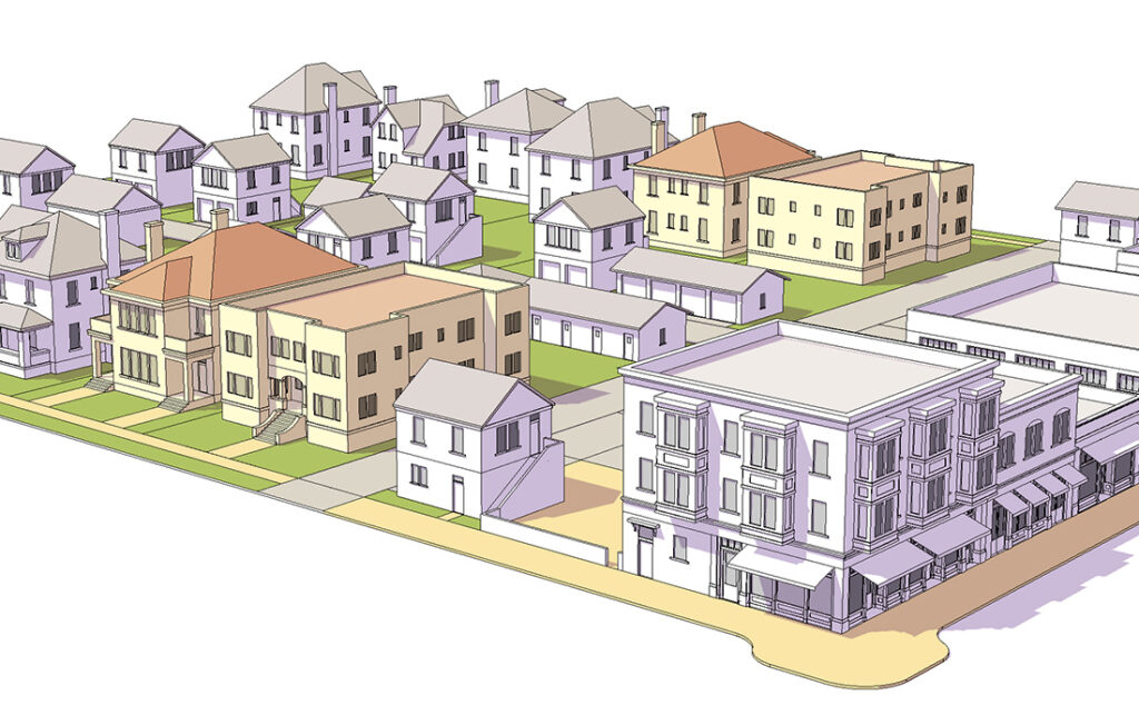 A animation of a neighborhood demonstrating missing middle housing which includes a diversity of housing types all in the same neighborhood. 