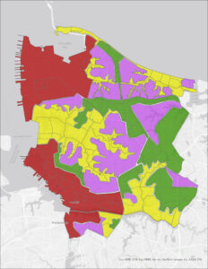 map representation of Norfolk, VA, showing four different colored sections (red, yellow, green, purple) interspersed demonstrating large flood zones in the north west and south west along the city, and higher-lying areas marked for increased development more inland.
