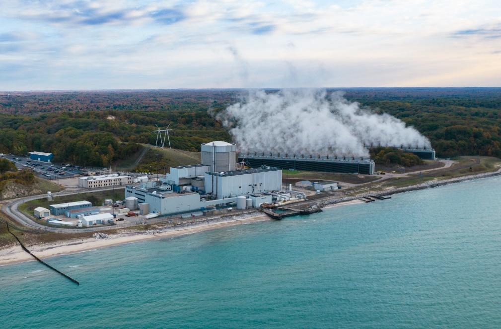 An aerial image of Palisades Nuclear Plant on the shores of Lake Michigan.