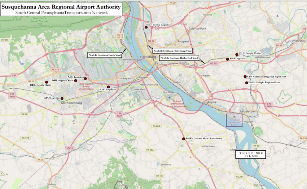 Map of Harrisburg region and the logistics industry presence. 