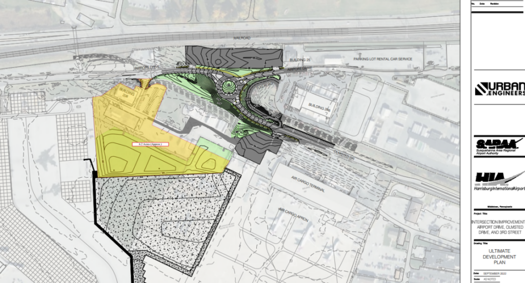 Site plan design at Harrisburg International Airport for improved roadway and roundabout.