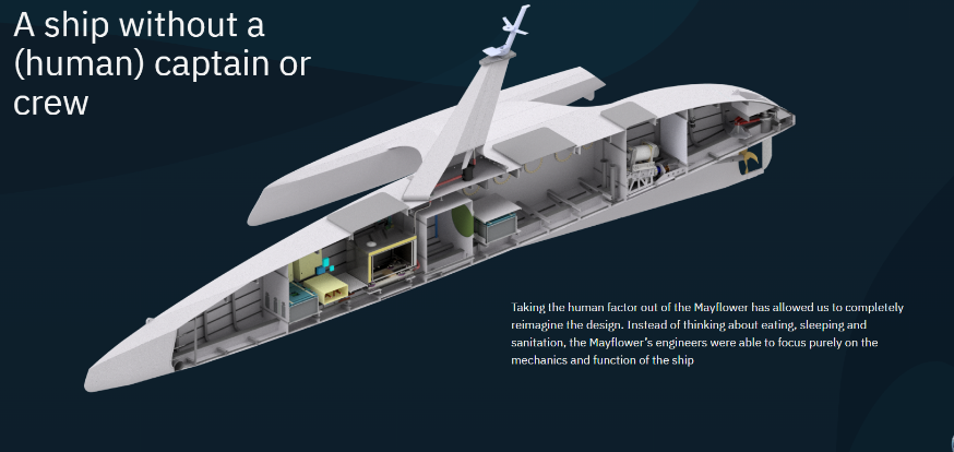 Model image of the Mayflower Autonomous Ship (MAS) Text Reads: A ship without a (human) captain and crew. Taking the human factor out of the Mayflower has allowed us to completely reimagine the design. Instead of thinking about eating, sleeping, and sanitation, the Mayflower's engineers were able to purely focus on the mechanics and function of the ship. 