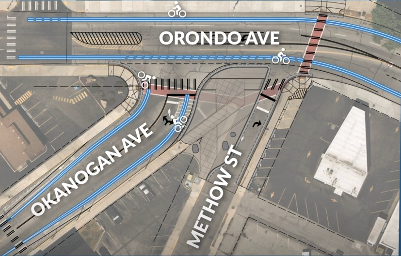 Graphic showing a map of the project site, with a bike path on either side of Orondo Avenue and Okanogan Avenue with a pedestrian island between Okanogan Avenue and Methow Street.