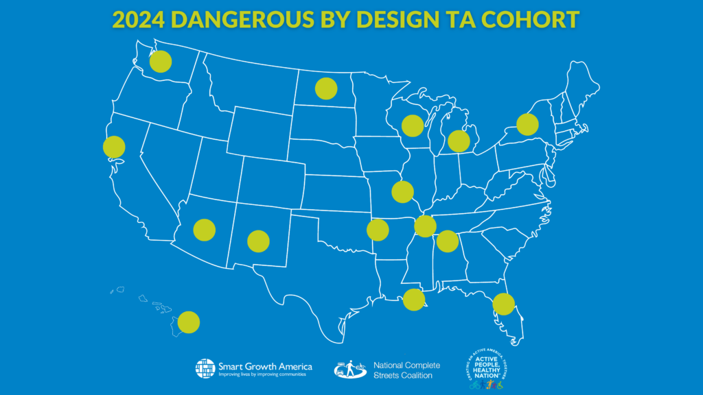 U.S. map illustration showing the locations of our 2024 Dangerous by Design TA Cohort (full list below in text)
