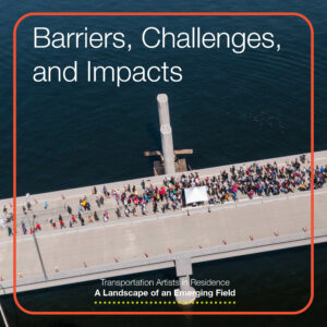 Image of a lot of people walking over one side of a bridge surrounded by water. Overlaid text reads: Barriers, Challenges, and Impacts