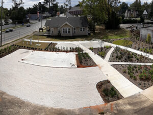An aerial view of the garden in progress in Atmore, AL. You can see a pathway starting to form where green space will eventually flourish.