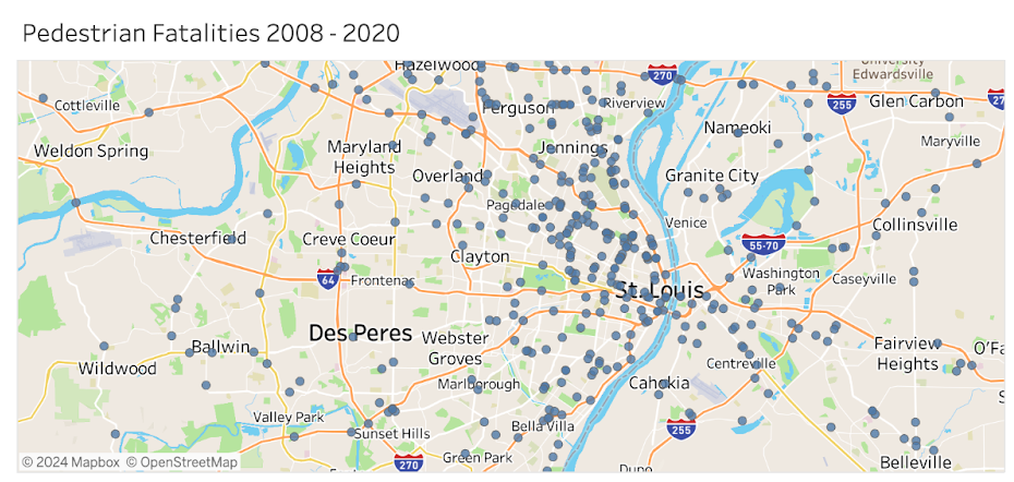 Screenshot of Dangerous by Design data, showing a map of St. Louis with clusters of pedestrian fatalities. The highest number of fatalities occur near the river.