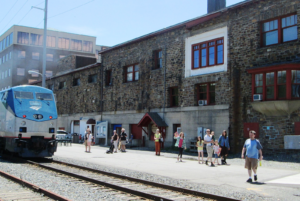 An Amtrak train pulls into the station in Brattleboro