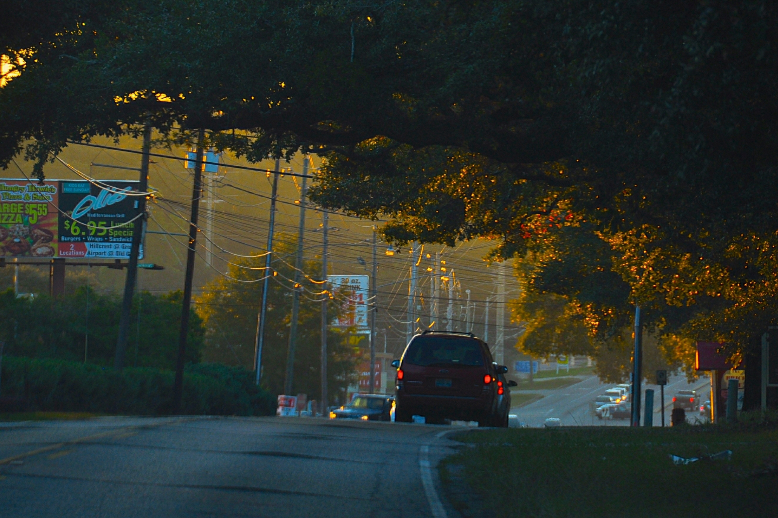 Cars travel down a roadway at sunset, framed by trees