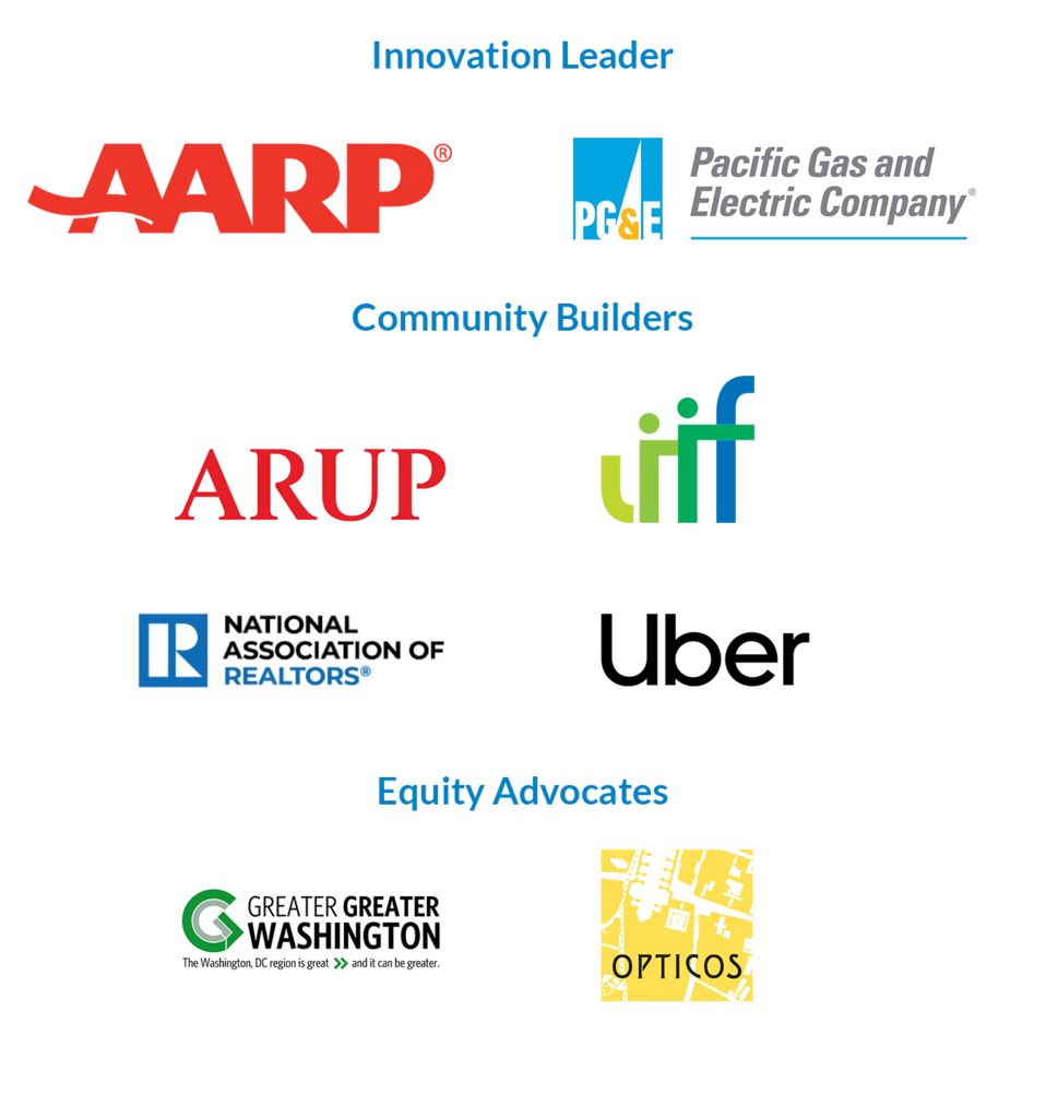 Graphic representation of our sponsors, featuring: Innovation Leaders: AARP and Pacific Gas and Electric, Community Builders ARUP, liif, National Association of Relators, and Uber, and Equity Advocates GGWash and Opticos. 